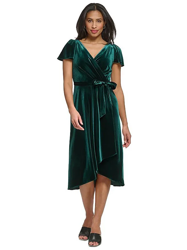 Womens Velvet V-Neck Midi Dress