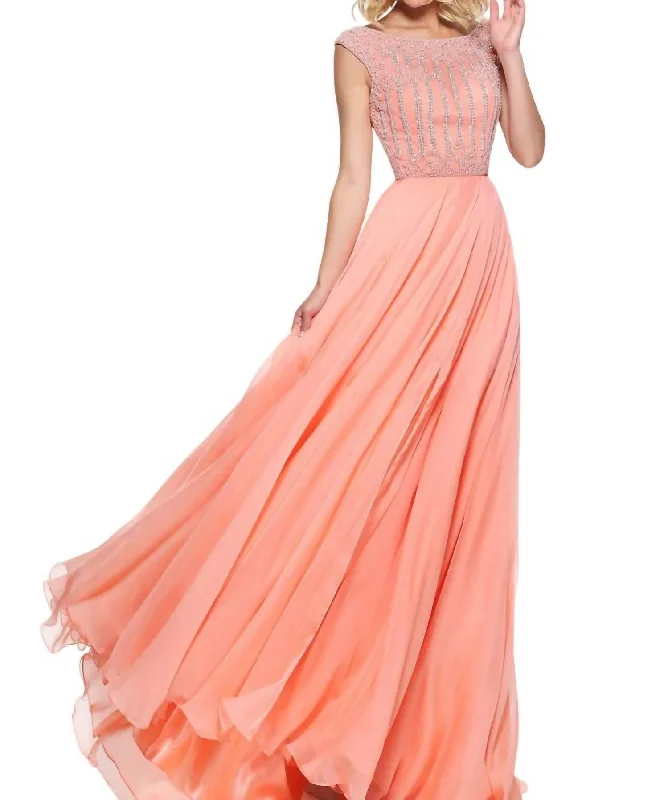 Chiffon Cap Sleeves Prom Dress In Peach