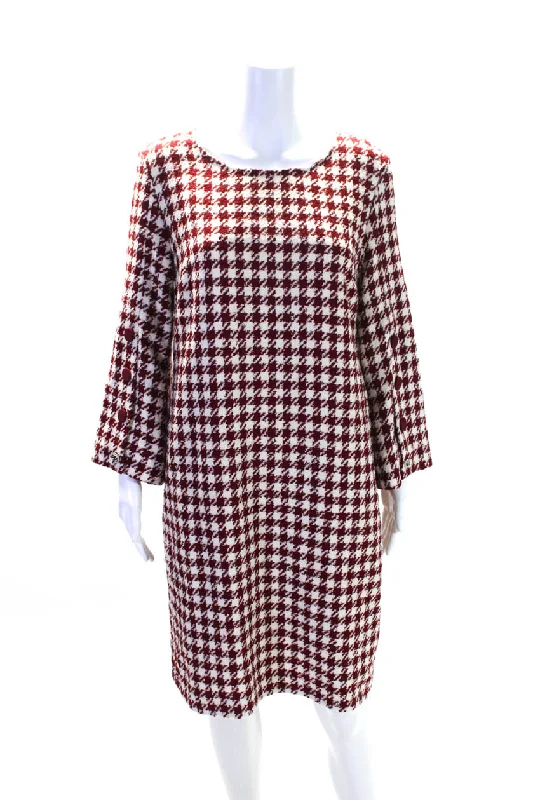 Weill Women's Round Neck Long Sleeves Houndstooth A-Line Midi Dress Red