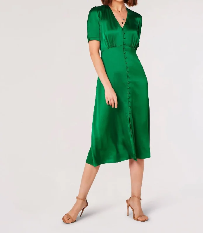 Satin Button Down Midi Dress In Green