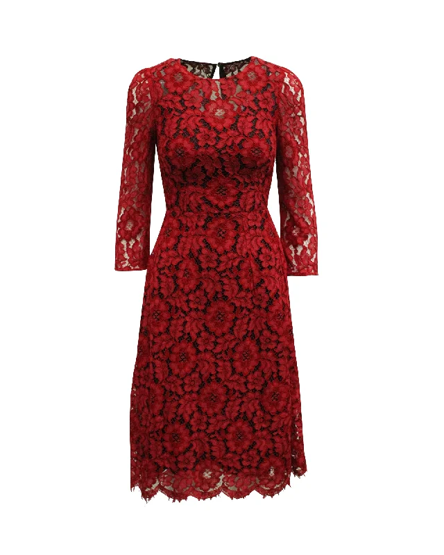 Dolce and Gabbana Lace Midi Dress in Red Rayon