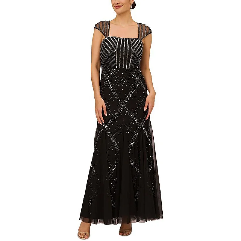 Womens Embellished Square Neck Evening Dress