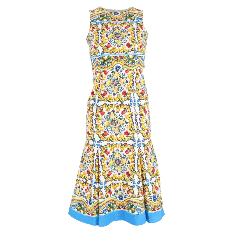 Dolce & Gabbana Majolica Printed Midi Backless Dress in Multicolor Cotton