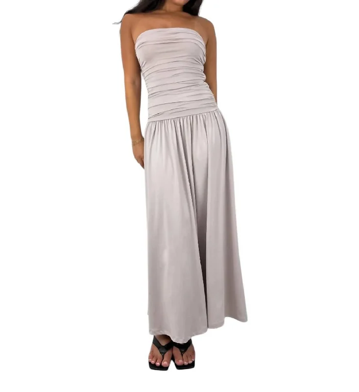 Drop Waist Ruched Midi Tube Dress In Taupe