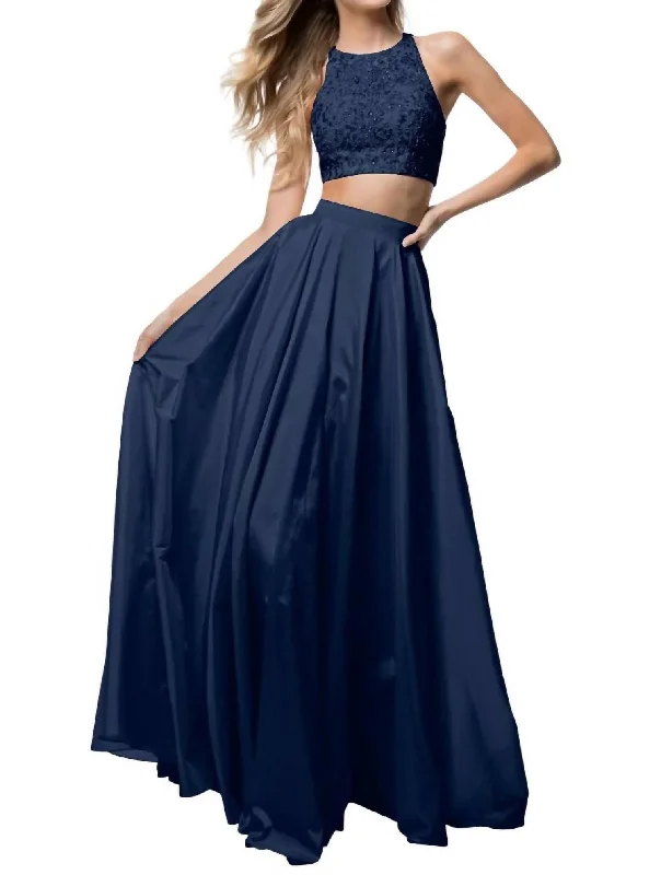 Two-Piece Lace Appliqued Prom Dress In Navy