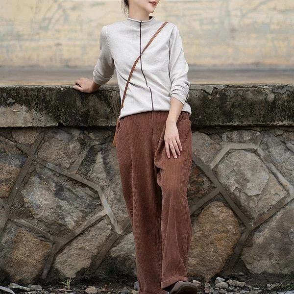 Women Autumn Winter Elastic Waist Corduroy Pants