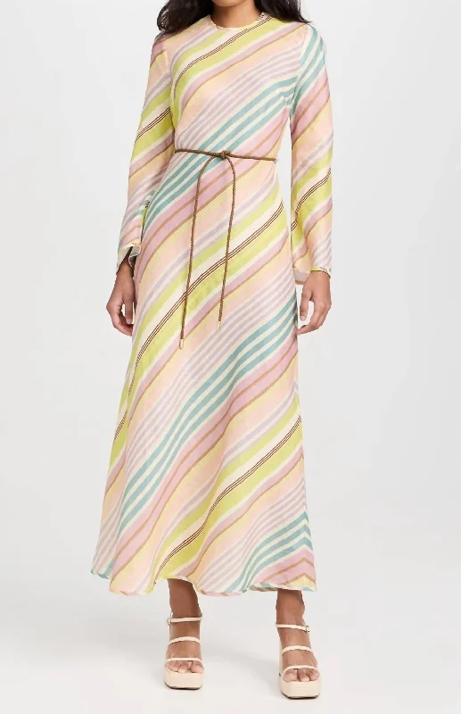 Halliday Bias Long Dress In Multi Stripe