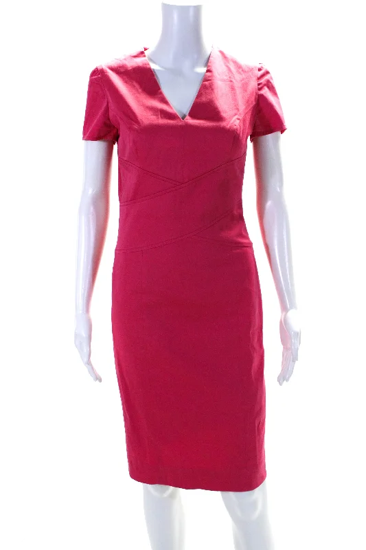 Carolina Herrera Womens Short Sleeve V Neck Sateen Midi Sheath Dress Pink