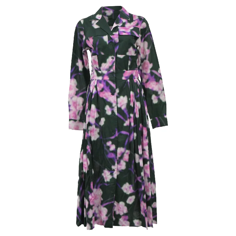 Dries Van Noten Blurry Floral Print Midi Shirt Dress in Multicolor Cotton