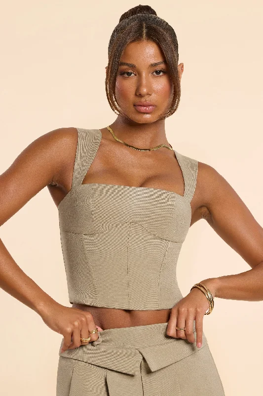 Brushed Twill Square Neck Tailored Top in Taupe